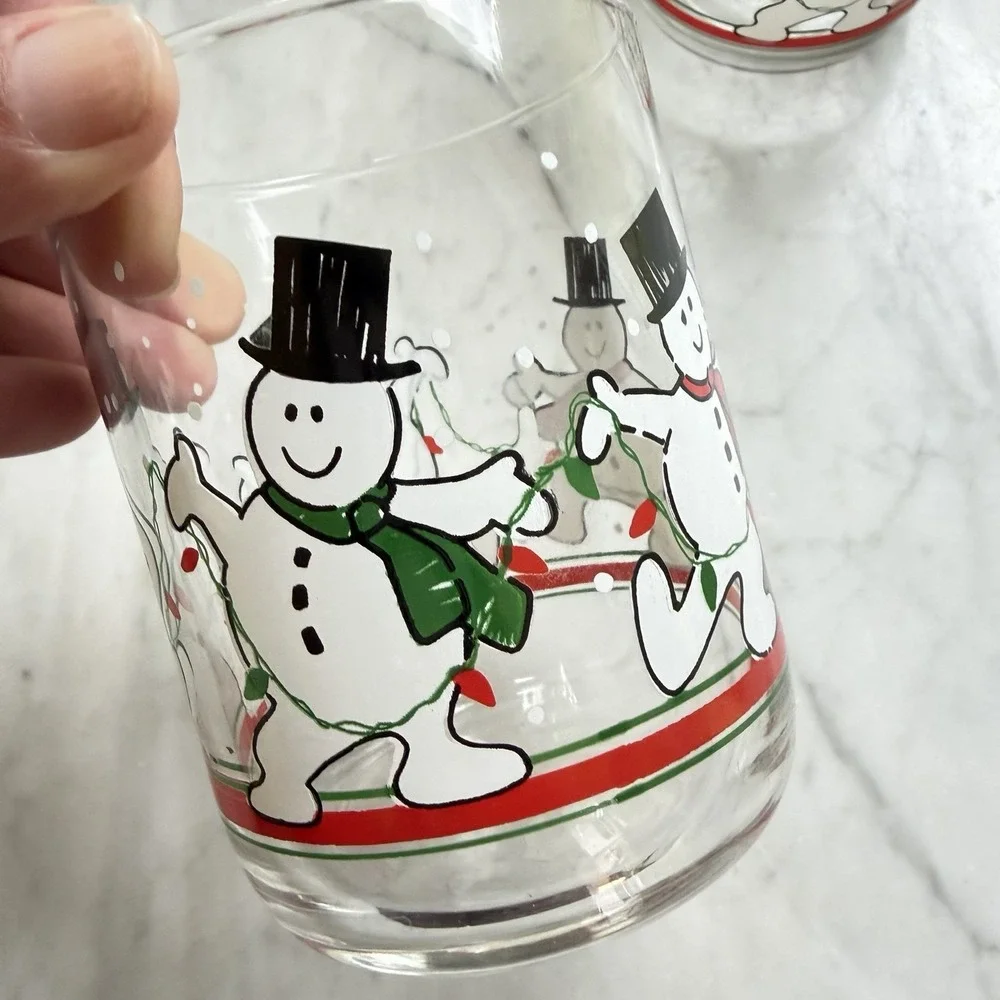 VTG Libbey Dancing Snowmen Christmas Glasses Set 5 Holiday Barware Rocks Glass